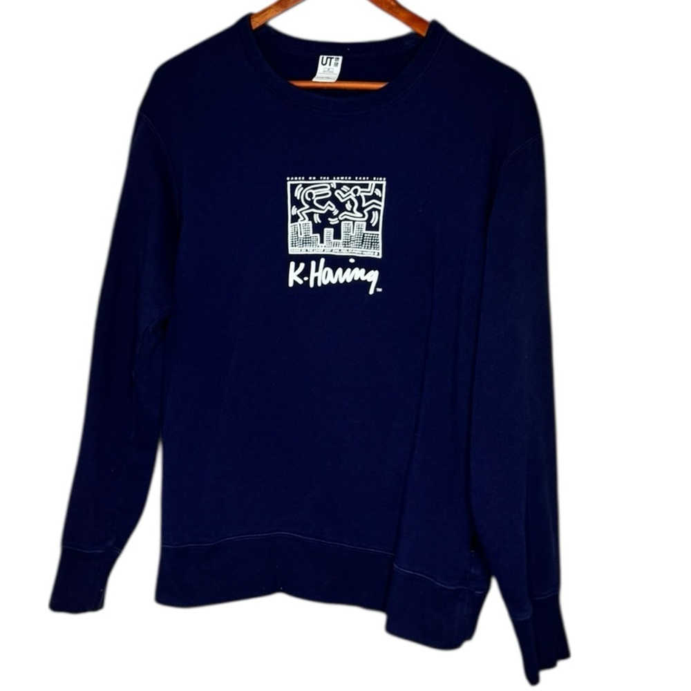 Uniqlo x Keith Haring crewneck sweatshirt in navy blue with a graphic print
